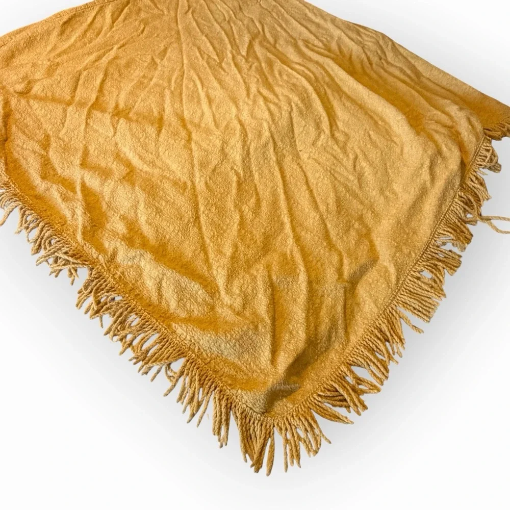 Vtg MCM 60s Boho Gold Fringe Tablecloth Textured Rectangle 84